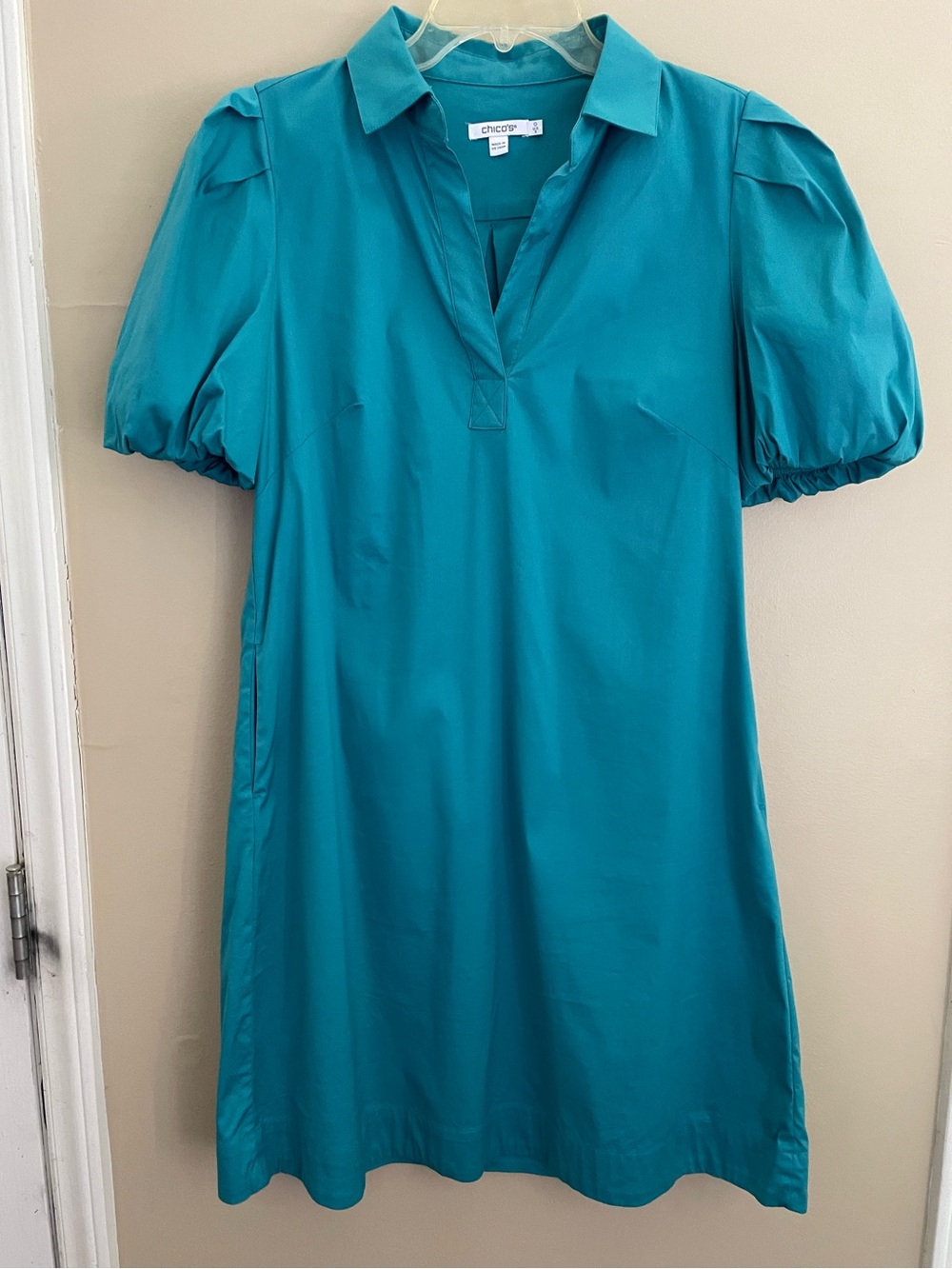 Chico's Popover Teal Short Puff Sleeve Shift Dress with Pockets Sz 0 (Sm - 4/6)